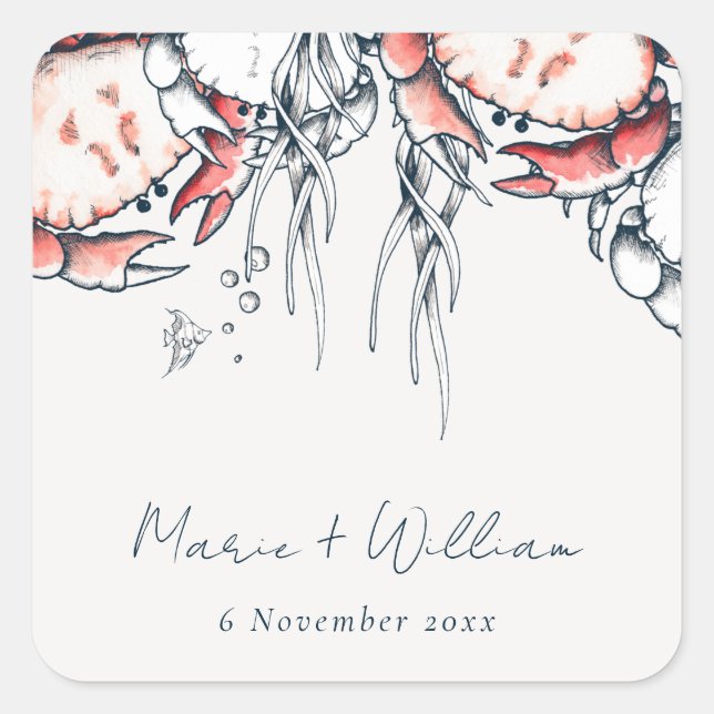 Red Navy Underwater Crab Coral Nautical Wedding Square Sticker (Front)