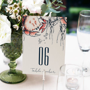 Red Navy Underwater Crab Coral Nautical Wedding Table Number
