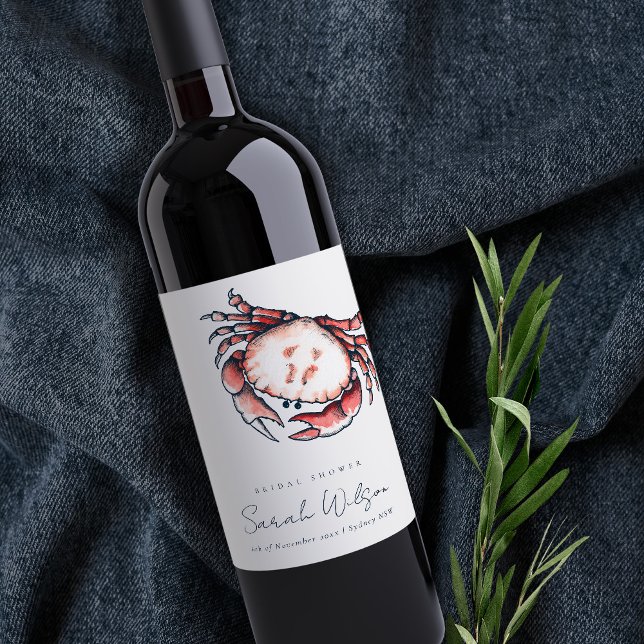 Red Navy Underwater Crab Nautical Bridal Shower Wine Label (Creator Uploaded)