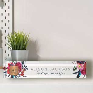 Red navy watercolor floral gold copper monogrammed nameplate