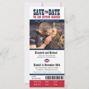 Red Navy Wedding Save the Date Football Ticket