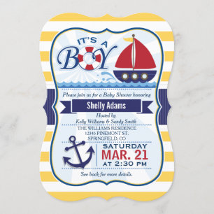 Red, Navy, & Yellow Nautical Sailboat Baby Shower Invitation