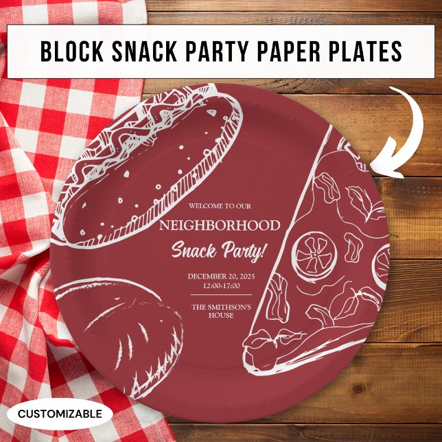Red Neighbourhood Fun Block Snack Food Party Paper Plate (Creator Uploaded)