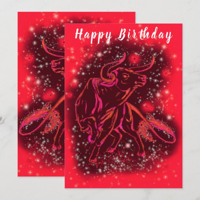 Red Neon Bull Running At Starry Night - Birthday (Front/Back)