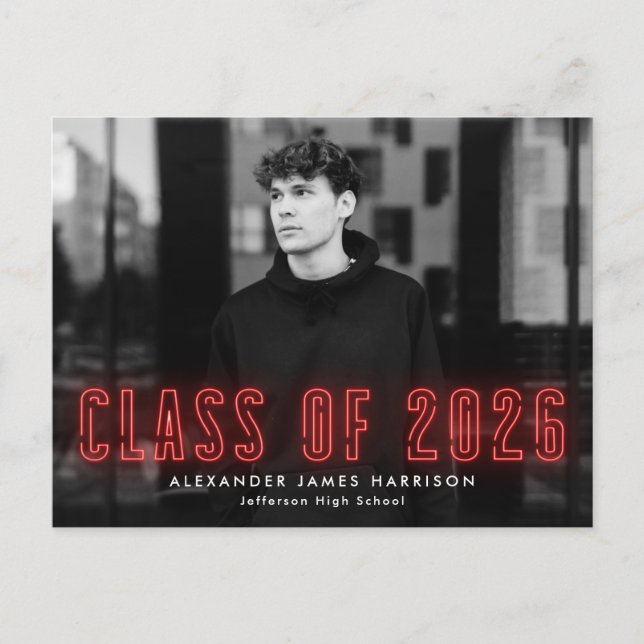 Red Neon Class of 2025 Photo Graduation Party Invitation Postcard (Front)