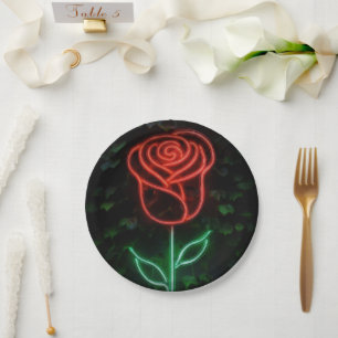 Red Neon Light Glowing Rose Ivy Sweet 16 16th Paper Plate