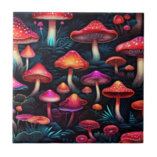 Red Neon Mushrooms - Exclusive Retro Art Ceramic Tile