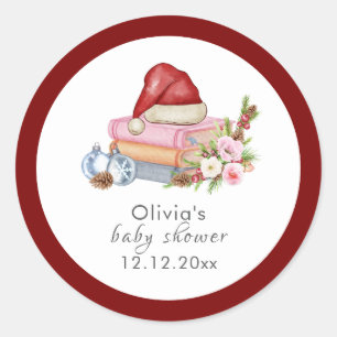 Red New Chapter Begins Winter Floral Baby Shower Classic Round Sticker