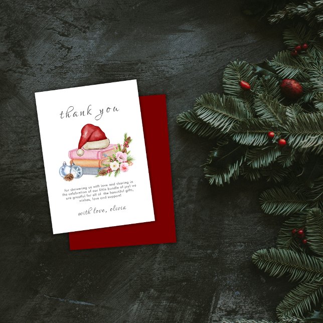 Red New Chapter Begins Winter Floral Baby Shower  Thank You Card (Red New Chapter Begins Winter Floral Baby Shower Thank You Card)