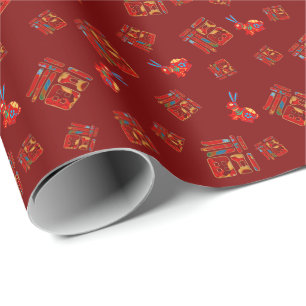 Red New Year 福 fu blessing Rabbit Wrapping Paper
