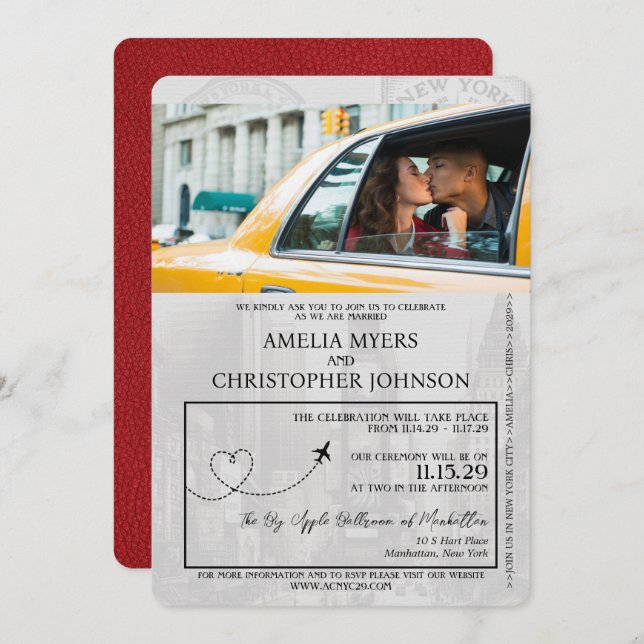 Red New York City Passport Wedding Invitation (Front/Back)