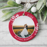 Red Newlywed Snowflake 1st Christmas Ceramic Ornament<br><div class="desc">This is a perfect ornament for a family gift. With its white rustic snowflakes enjoy decorating the tree with this custom design.</div>