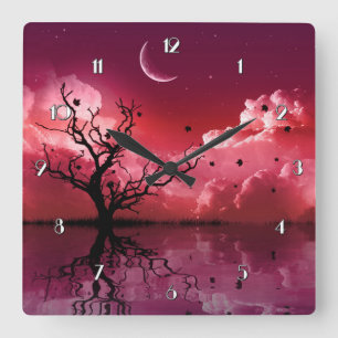 Red Night Sky Reflections Scenic Square Clock