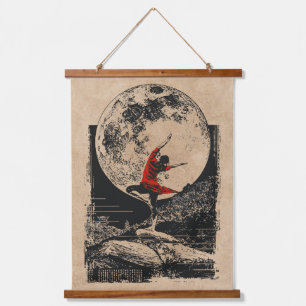 Red Ninja Full Moon Art   Wabi Sabi Vintage Style Hanging Tapestry