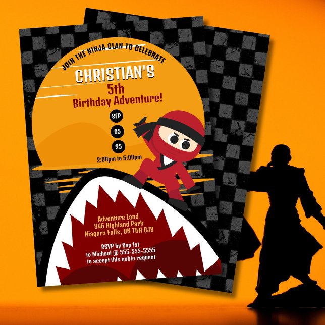 Red Ninja Shark Tamer Birthday Invitation (Ninjas and sharks are all you need for an adventure filled birthday celebration!)