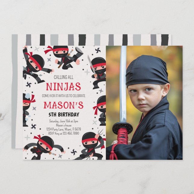 Red Ninja Warrior Martial Arts Birthday Photo Invitation (Front/Back)
