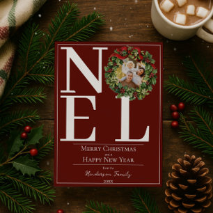 Red Noel Christmas Wreath Photo Holiday Card