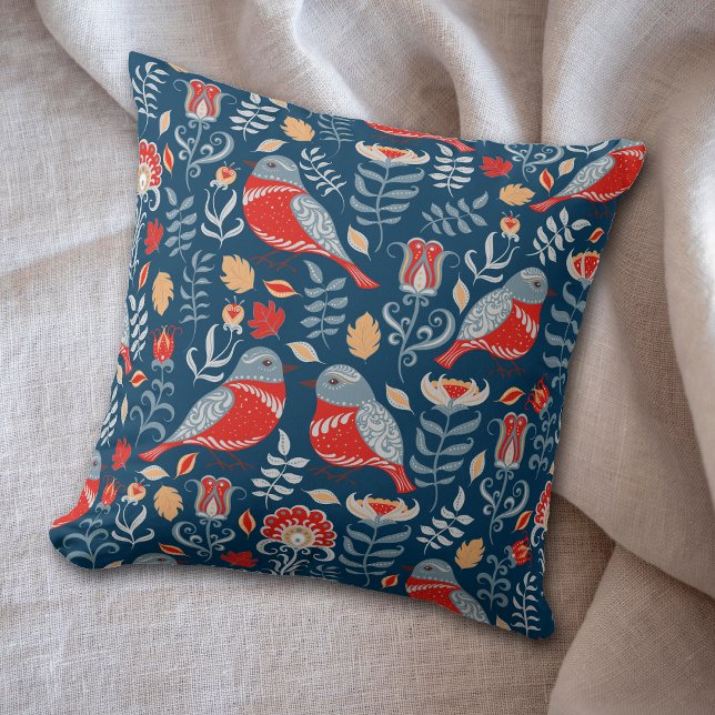 Red Nordic Bird on Blue Pattern Cushion (Creator Uploaded)