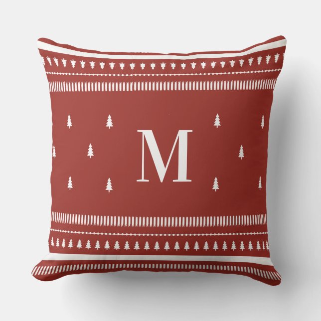 Red  Nordic Christmas Trees & Monogram Cushion (Front)