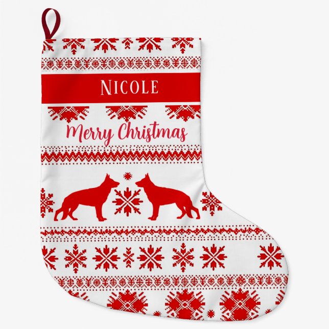 Red Nordic German Shepherd Dog Christmas Large Christmas Stocking (Front)