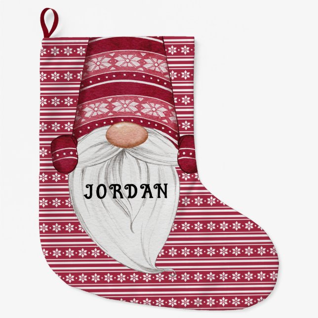Red Nordic Gnome Personalised Large Christmas Stocking (Front)