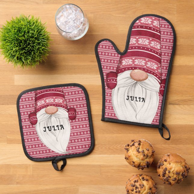 Red Nordic Gnome Personalised Oven Mitt & Pot Holder Set (Top Down)