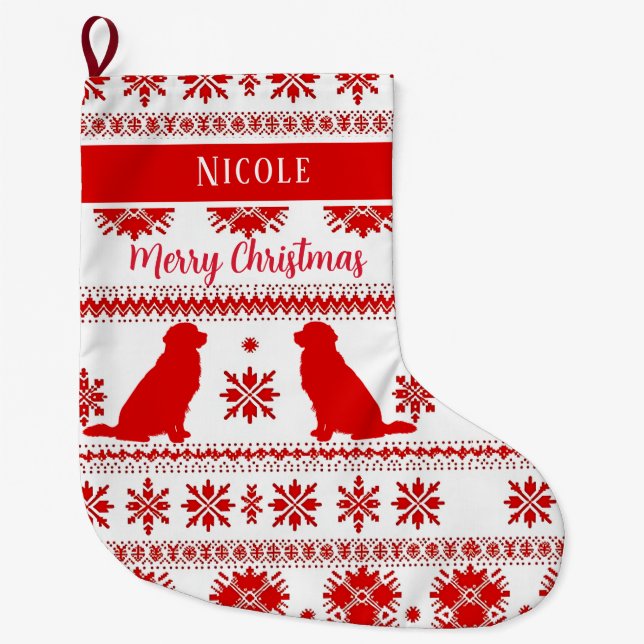 Red Nordic Golden Retriever Dog Christmas Large Christmas Stocking (Front)