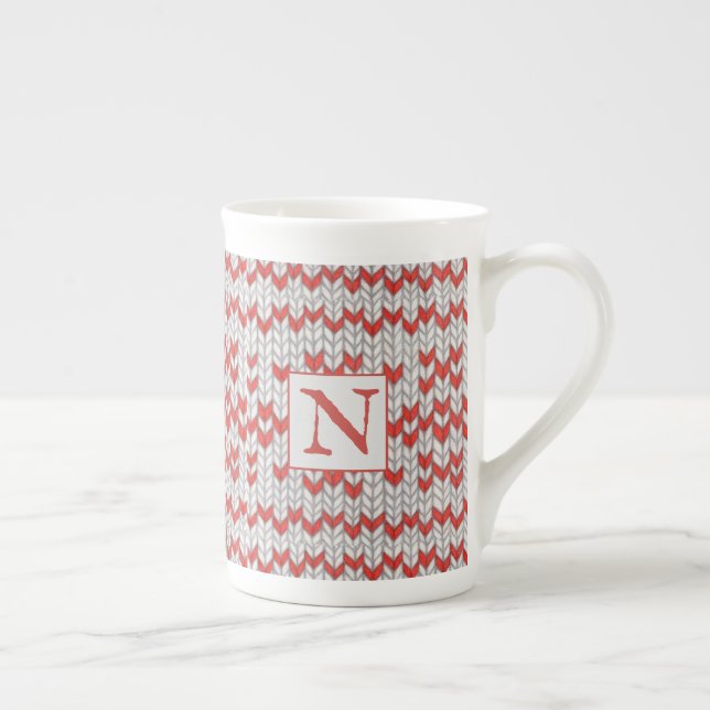 RED NORDIC KNIT Bone China Mug + Initial (Right)