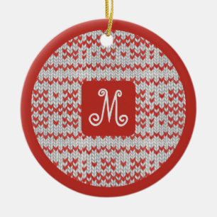 RED NORDIC KNIT Ceramic Circle Ornament