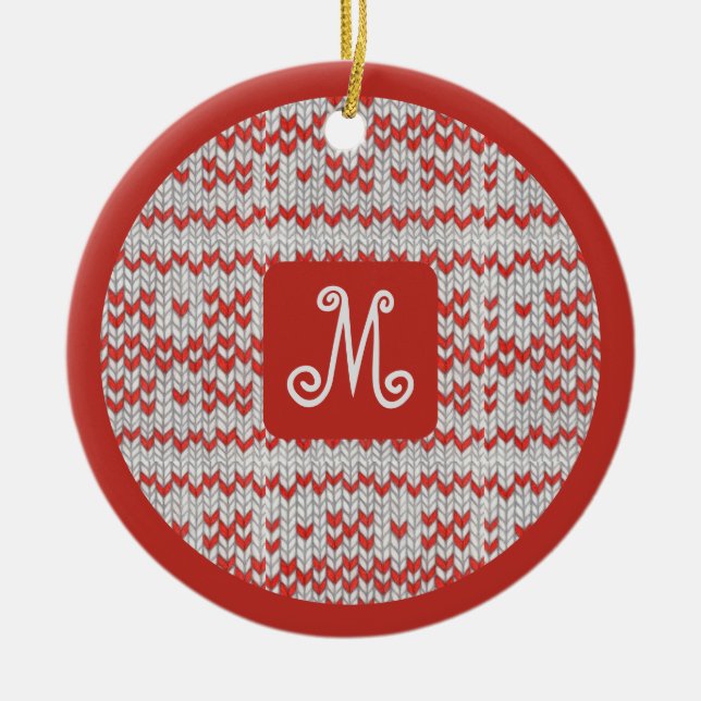 RED NORDIC KNIT Ceramic Circle Ornament (Front)