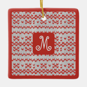 RED NORDIC KNIT Ceramic Square Ornament + Initial 