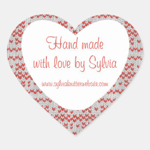 RED NORDIC KNIT Heart Shape "Hand Made" Stickers