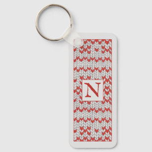 RED NORDIC KNIT Metal Rectangle Keychain + Initial