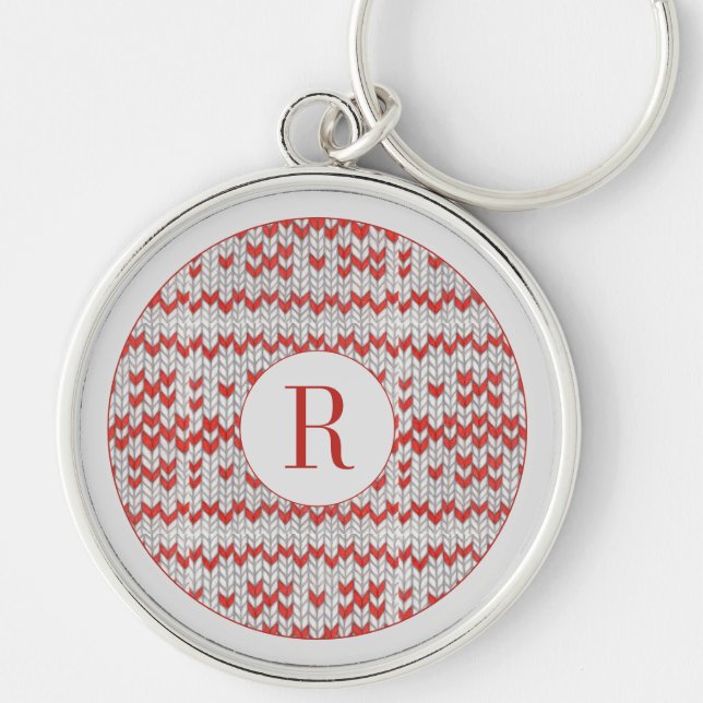 RED NORDIC KNIT Premium Round Keychain + Initial (Front)