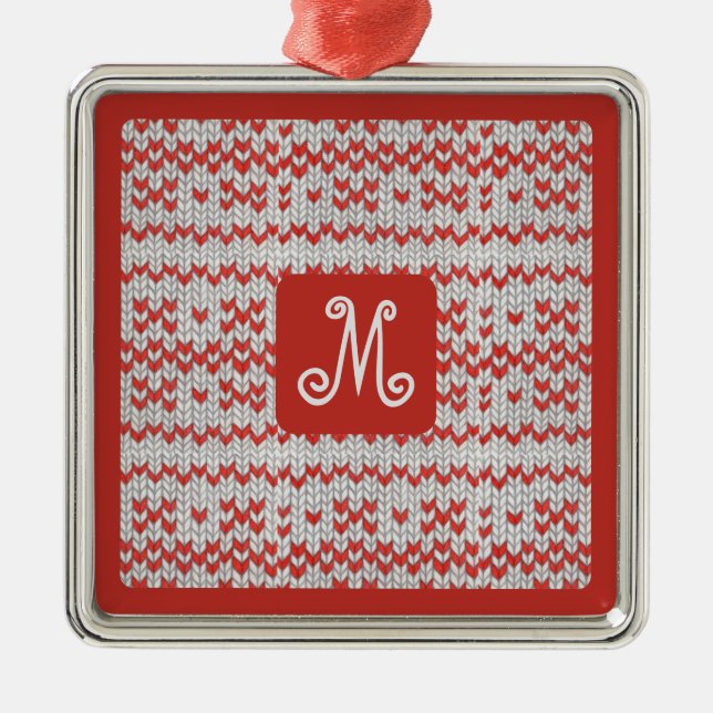 RED NORDIC KNIT Premium Square Ornament + Initial  (Front)