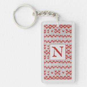 RED NORDIC KNIT Rectangle Keychain + Initial
