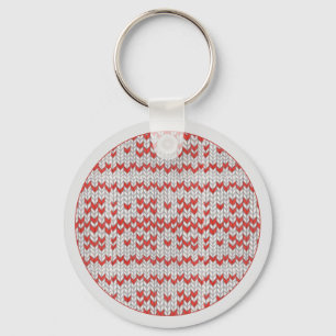 RED NORDIC KNIT Round Metal Keychain / Grey