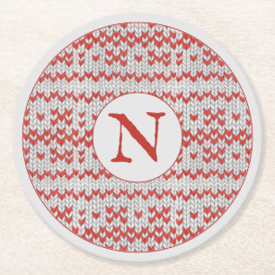 RED NORDIC KNIT Round Paper Coasters + Initial