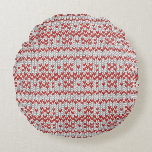 RED NORDIC KNIT Round Throw Pillow (Front)