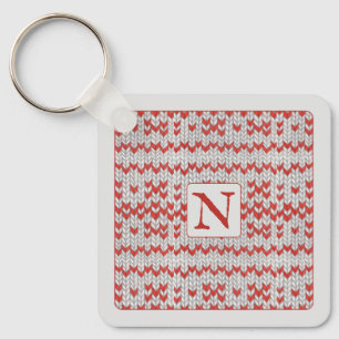 RED NORDIC KNIT Square Metal Keychain + Initial
