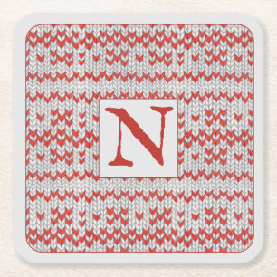 RED NORDIC KNIT Square Paper Coasters + Initial