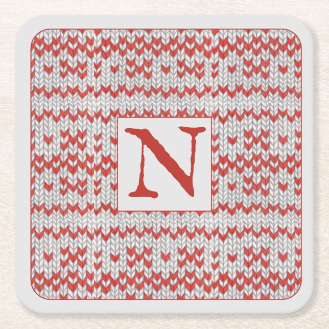 RED NORDIC KNIT Square Paper Coasters + Initial  (Front)