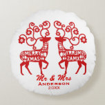 Red Nordic Reindeer Custom Couple's Round Cushion<br><div class="desc">Personalised couple's Christmas pillow with elegant Nordic reindeers.</div>