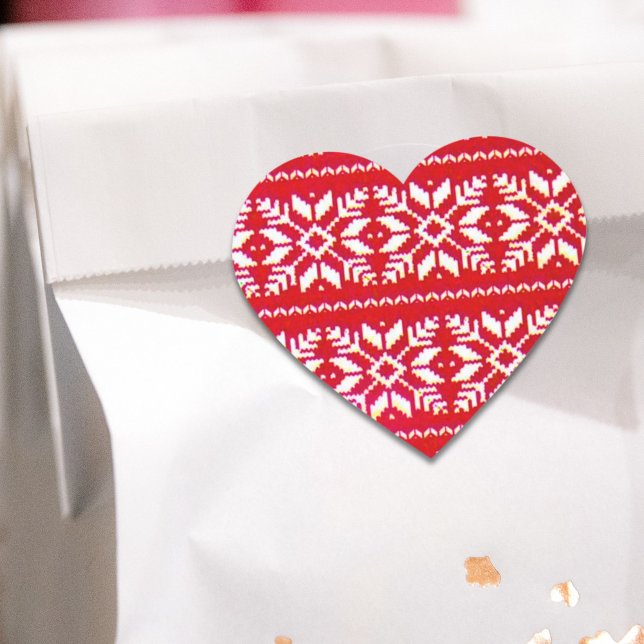Red Nordic Snowflake Ugly Christmas Sweater Party Heart Sticker (Red Nordic Snowflake Ugly Christmas Sweater Party Heart Sticker)