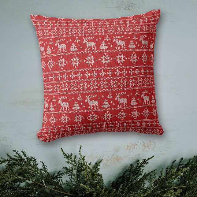 Red Nordic Style Moose Pattern Christmas Cushion (Creator Uploaded)