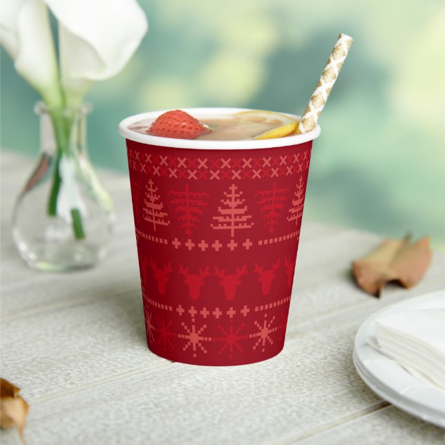 Red Nordic Sweater Pattern Holiday Paper Cups (Insitu)