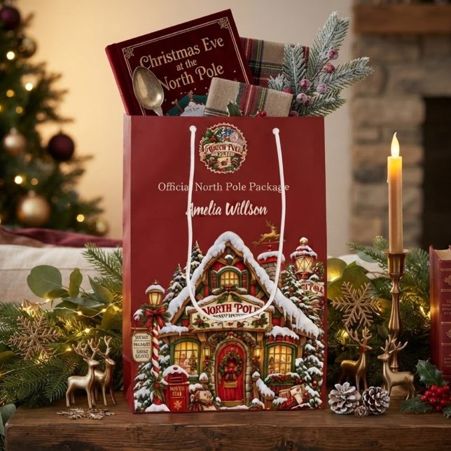 Red North Pole Post Custom Name Christmas Medium Gift Bag (Creator Uploaded)