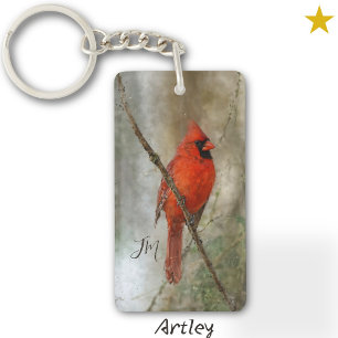 Red Northern Cardinal Bird Painting Initials Key Ring