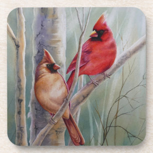Red Northern Cardinal Bird Pair Watercolor Art Coaster