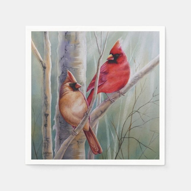 Red Northern Cardinal Bird Pair Watercolor Art Napkin (Front)